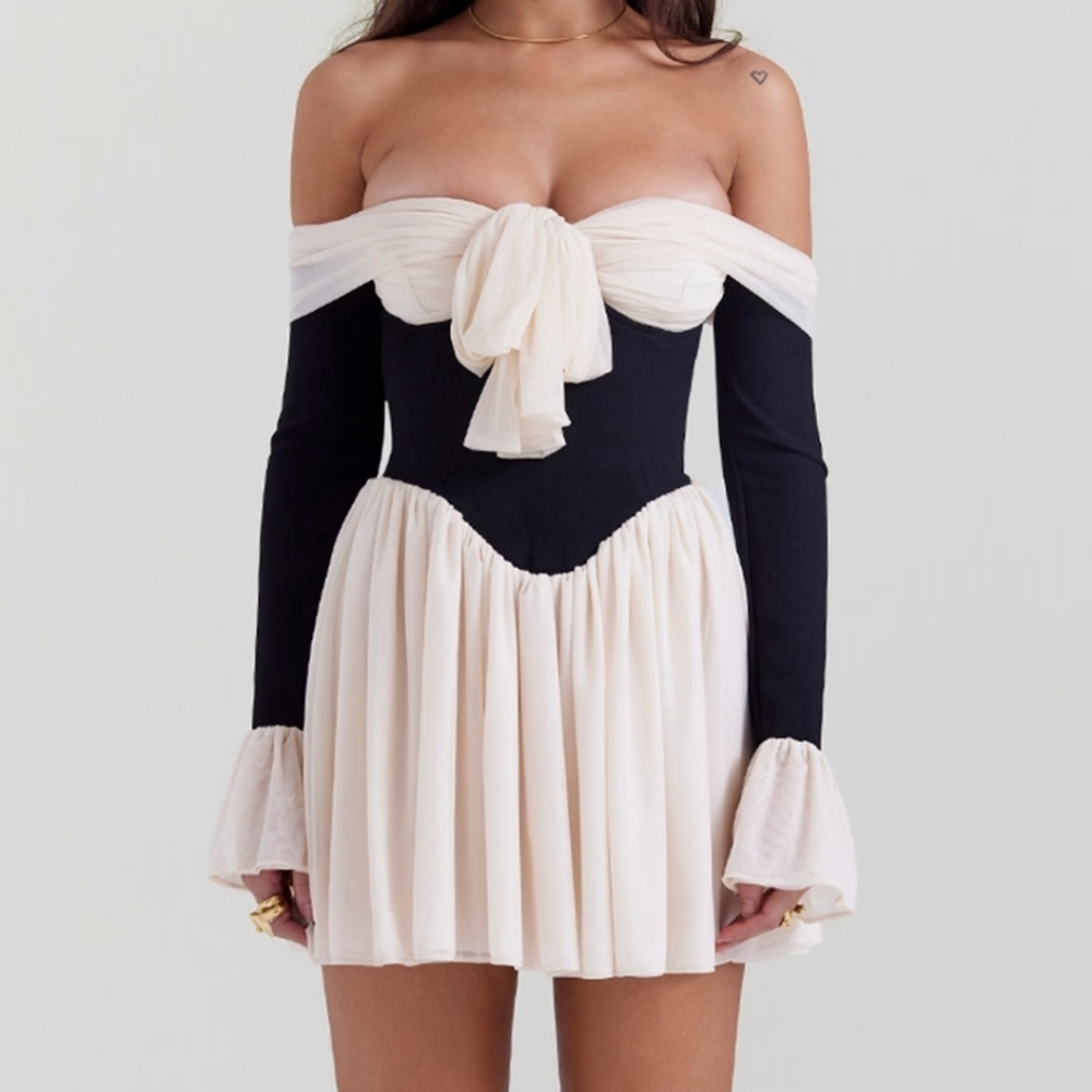House of CB Black and Cream Bow Ruffle Mini Dress Off Shoulder Large
